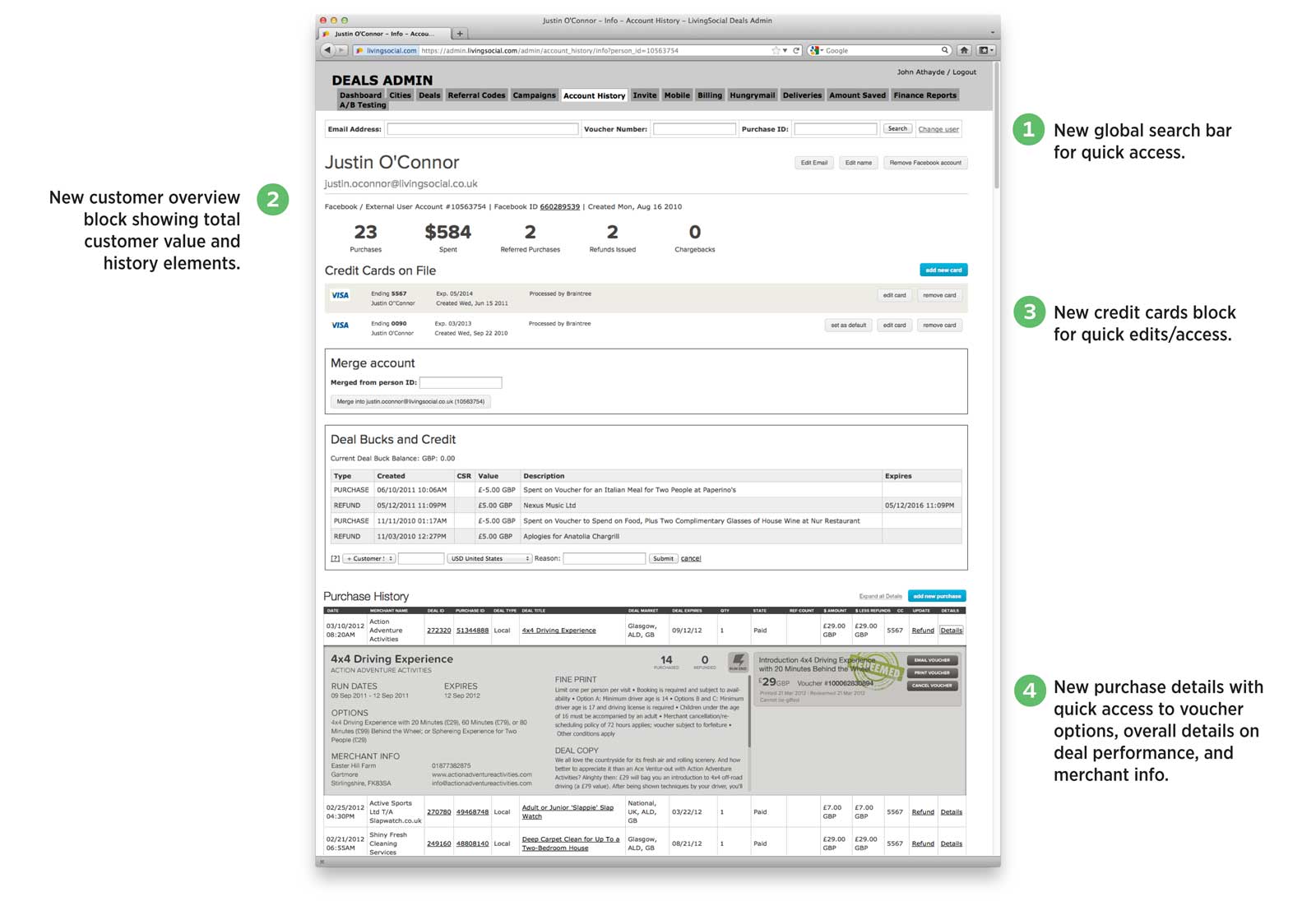 Image showing various new elements in the old user interface of the Deals admin